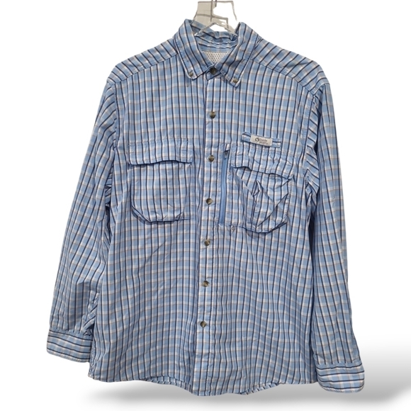 Guide Series Mens SZ Large Button Down Fishing Shirt Plaid Blue White Orange - Picture 1 of 11